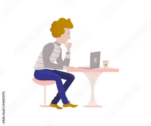 Freelance working vector illustration. Young freelancer man is working at his laptop in modern coworking office. Freelance journalist guy or professional blogger specialist sitting and analyzing data.