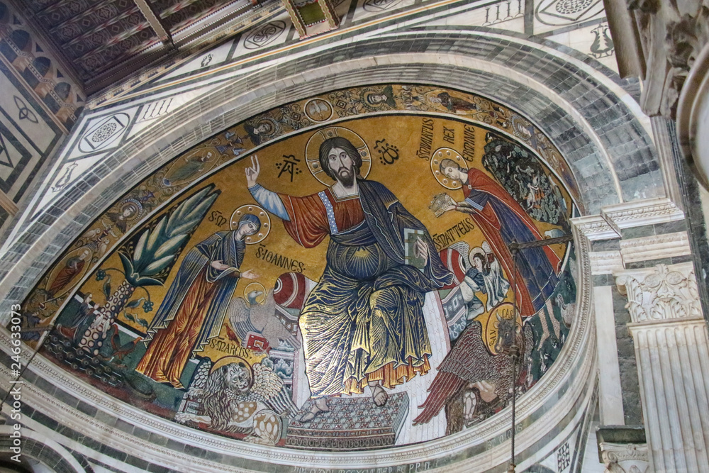 The medieval mosaic of Christ between the Virgin and St Minias in Basilica San Miniato al Monte, Florence, Tuscany, Italy.