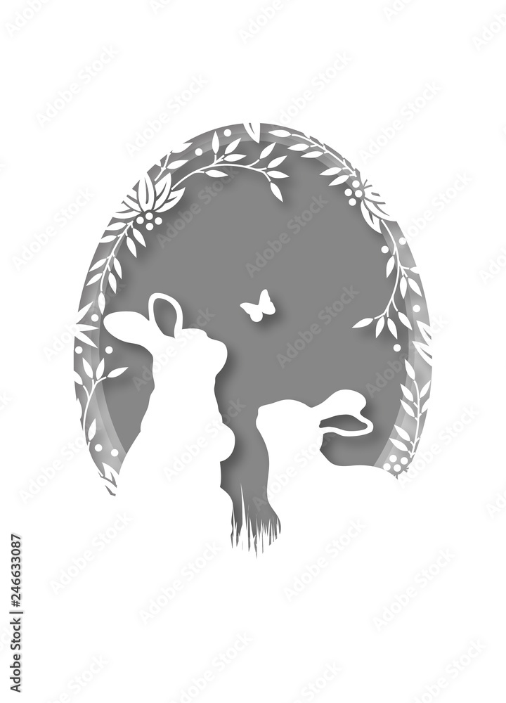 Naklejka premium zwei Hasen und ein Schmetterling Scherenschnitt