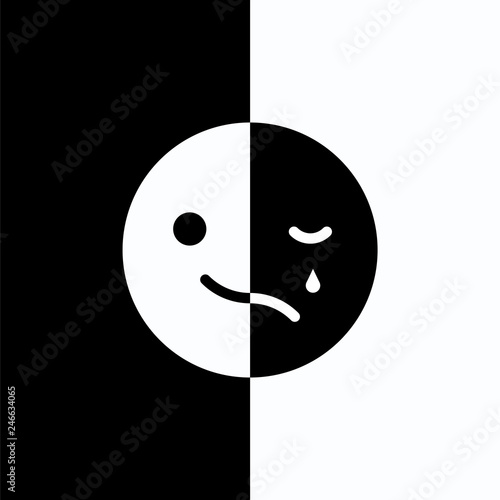 Sad and cheerful mood in one emoji. Vector illustration.