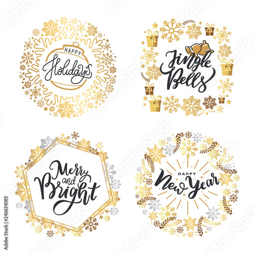 Holly Jolly, Merry Christmas, New Year, Happy Holidays and warm wishes, cookies for Santa lettering text, Xmas greeting cards with ornamental golden frames on white background
