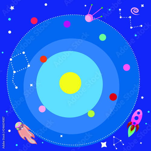Simple colorful cosmic space with stars, rocket, comet photo