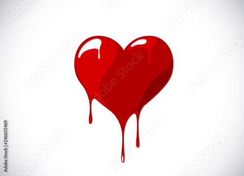 Red heart shape melting with drops. Bloody heart symbol for logo, branding.