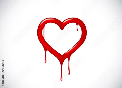 Red heart shape melting with drops. Bloody heart symbol for logo, branding.