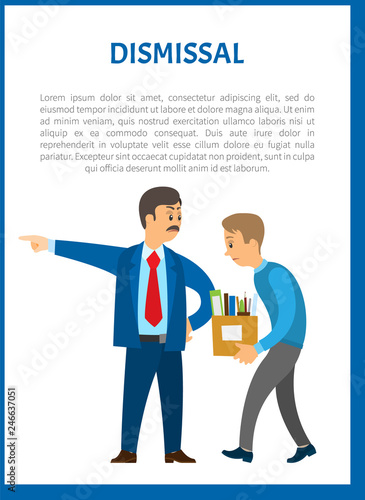 Dismissal of worker vector poster. Boss in suit and mustaches dismissing employee with box full of personal things. Executive manager and bad executor