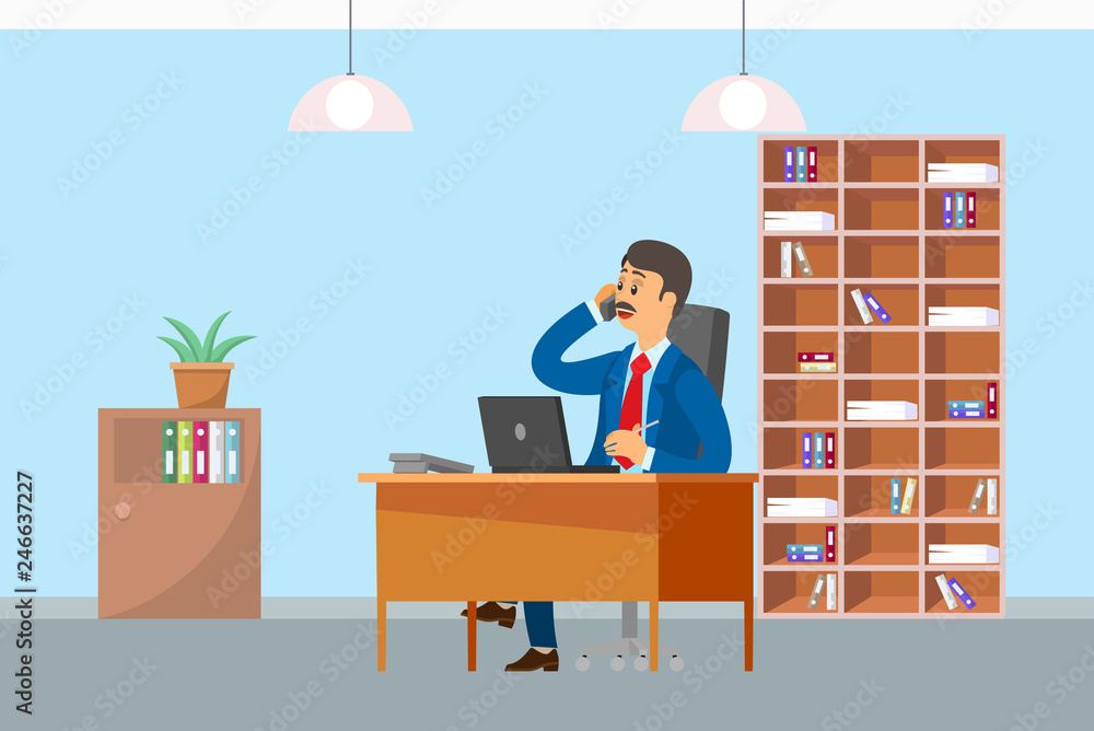 Boos working in office and talking on mobile phone vector. Director of company sitting by table discussing issues with business partners, man at job Boos working in office and talking on mobile phone vector. Director of company sitting by table discussing issues with business partners, man at job