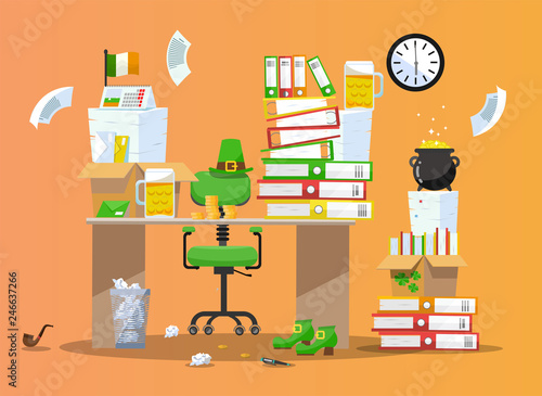 Leprechaun office. Workplace decorated for the feast of St. Patrick. Office chair behind table with piles of paper documents, beer mugs, Bowler of Gold, Green Hat, Coins on desk. Flat cartoon vector