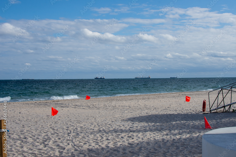 wide angle view of a beach with ships out on the ocean