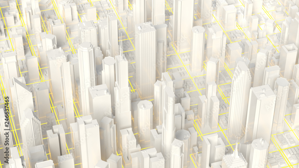 Obraz premium Techno mega city skyscrapers. Urban and futuristic technology concepts, 3d rendering.