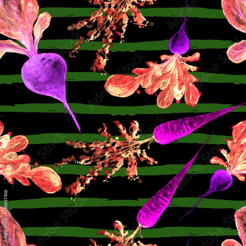 Watercolor Vegan Pattern. Seamless Hand Drawn  Vegetables. Healthy Food Print. Gardening Background. Greenery Repeatable Design for Menu, Restaurant, Salat Bar, Farmers Market. Redish, carrot, beet.