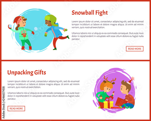 Unpacking gifts postcards and snowball fights. Christmas holidays, children opening presents. Boy and girl playing with snow outdoors vector posters