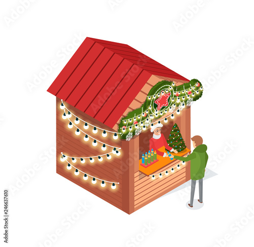 Kiosk at street, Christmas fair, person buying items vector. Xmas season salesperson selling spruce, artificial pine tree for decoration of houses
