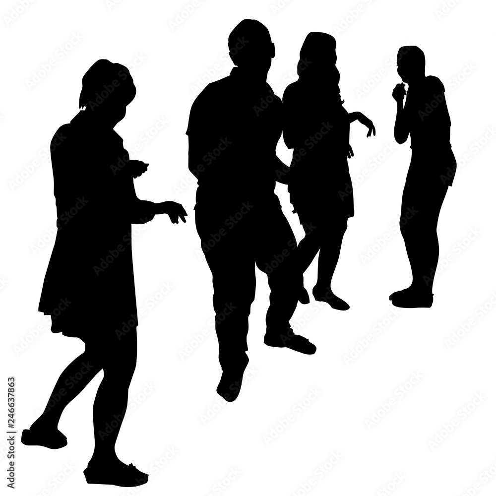 Vector silhouettes of dancing adults three women and a man, a group of people standing full-length sideways isolated on white background black figures