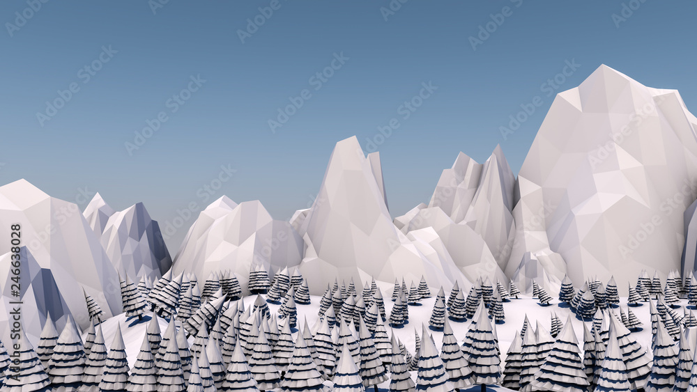 Low poly forest landscape. Illustration in light colors. Spruce forest and mountains. 3d render