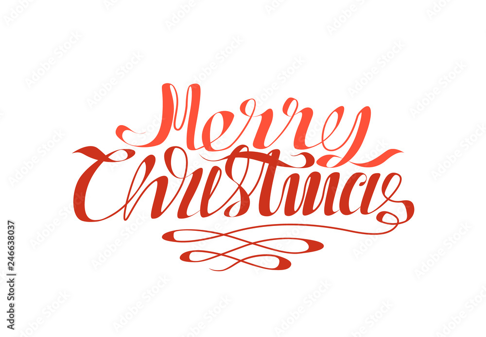Merry Christmas red calligraphic inscription isolated on white. Lettering Xmas greeting, best wishes on New Year holidays vector typographic font Merry Christmas red calligraphic inscription isolated on white. Lettering Xmas greeting, best wishes on New Year holidays vector typographic font
