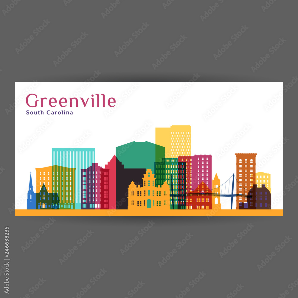 Greenville city architecture silhouette. Colorful skyline. City flat design. Vector business card.