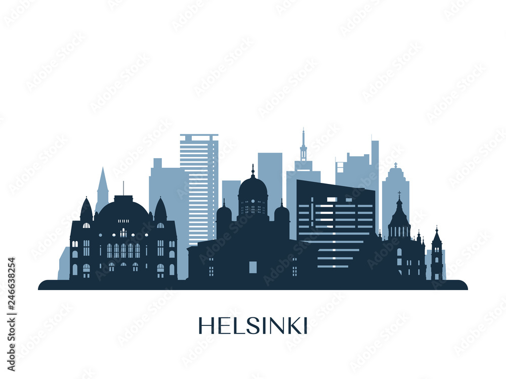 Helsinki skyline, monochrome silhouette. Vector illustration.