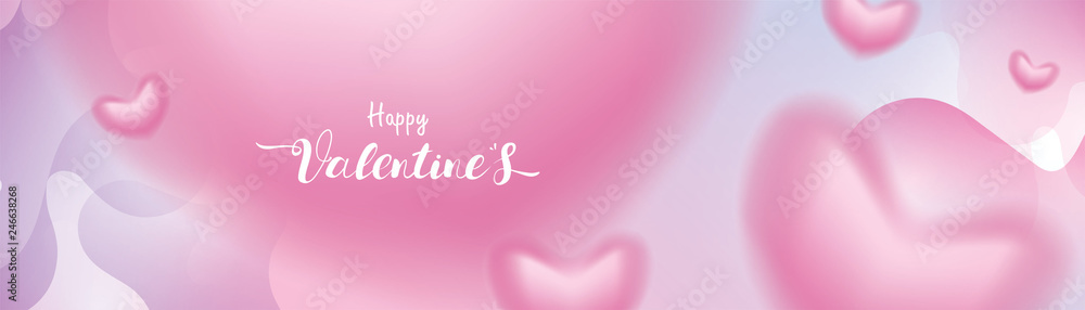 Valentine day 3D pink Romantic Hearts shape blurry flying and Floating on abstract pastel liquid background. symbols of love for Happy Mother's, Valentine's Day greeting card design banner