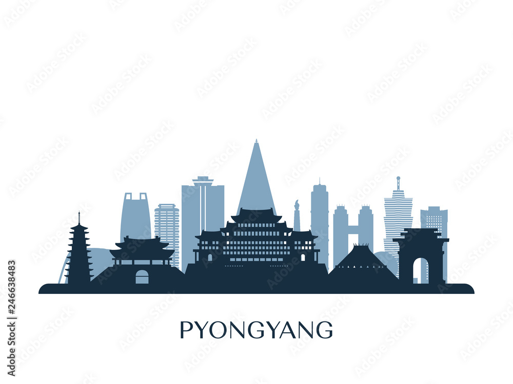 Pyongyang skyline, monochrome silhouette. Vector illustration.