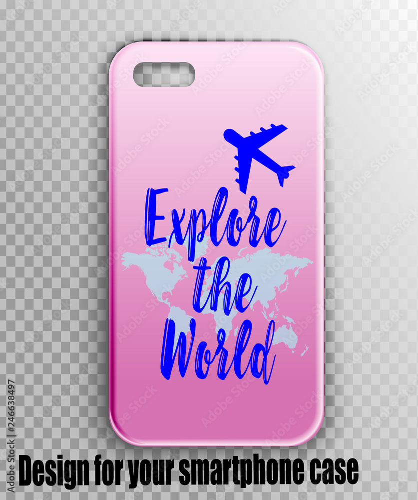 Vector mockup of stylish smartphone case. Beautiful cover for the traveler: a map of the world and a plane - around the world, a designer print on a gradient Vector mockup of stylish smartphone case. Beautiful cover for the traveler: a map of the world and a plane - around the world, a designer print on a gradient