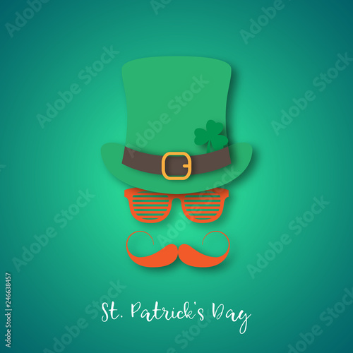 Irishman with ginger mustache wearing hat and glasses. Happy St. Patrick's Day banner in paper cut style. Vector illustration.