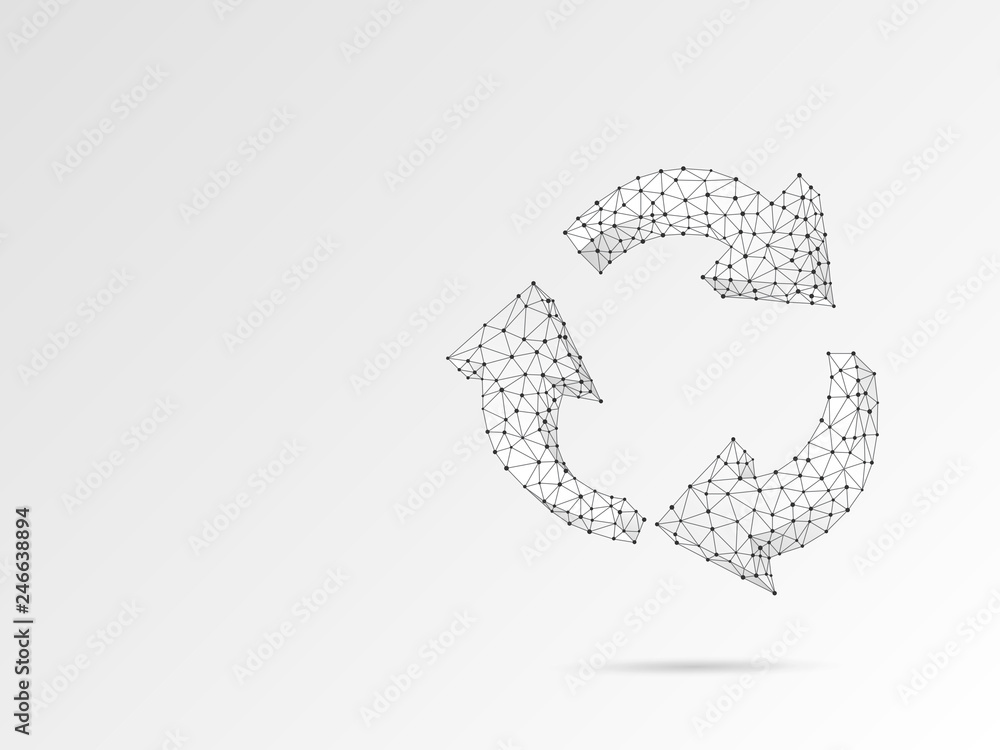 Fototapeta premium Refresh circular arrows symbol. Wireframe digital 3d illustration. Low poly, repeat, refresh button concept on white background. Abstract Raster polygonal origami style sign. RGB color mode
