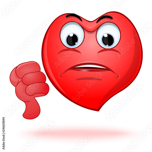 Emoticon heart shaped face showing thumbs down. Dislike sign. Angry and sad emoji. Vector illustration