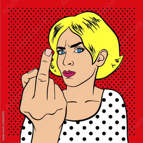 Young beautiful woman shows middle finger fuck you. Girl power. Feminism concept. Vector illustration