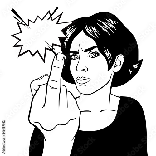 Young beautiful woman shows middle finger fuck you. Girl power. Feminism concept. Vector illustration