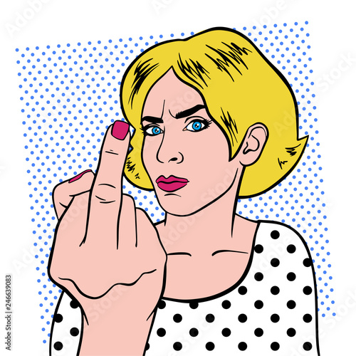 Young beautiful woman shows middle finger fuck you. Girl power. Feminism concept. Vector illustration