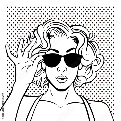 Portrait surprised girl in glasses. For party invitation, birthday card, sale banner… Vector in pop art retro comic style.
