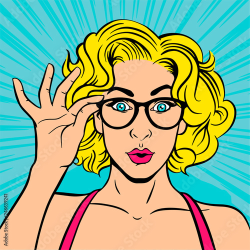 Portrait surprised girl in glasses. For party invitation  birthday card  sale banner    Vector colorful background in pop art retro comic style.