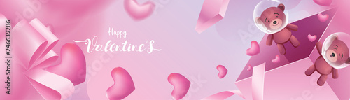 Cute and sweet elements in shape of heart, box of gift, teddy bear flying on pink space as astronaut. Vector symbols of love for Happy Women's, Mother's, Valentine's Day greeting banner design