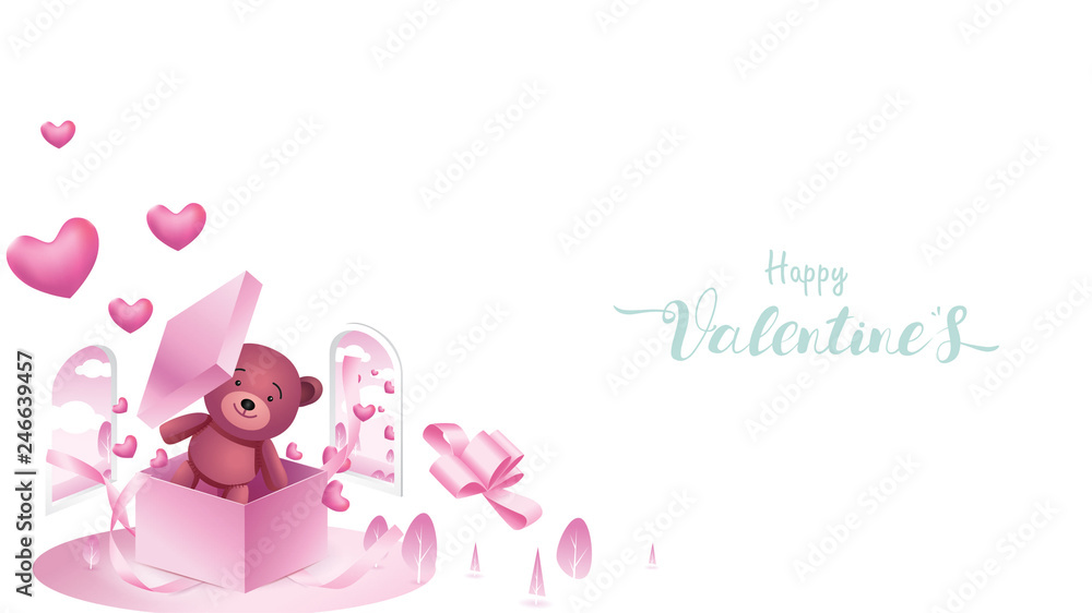 Cute and sweet elements in shape of heart, box of gift, teddy bear flying on pink background. Vector symbols of love for Happy Women's, Mother's, Valentine's Day, birthday greeting banner design