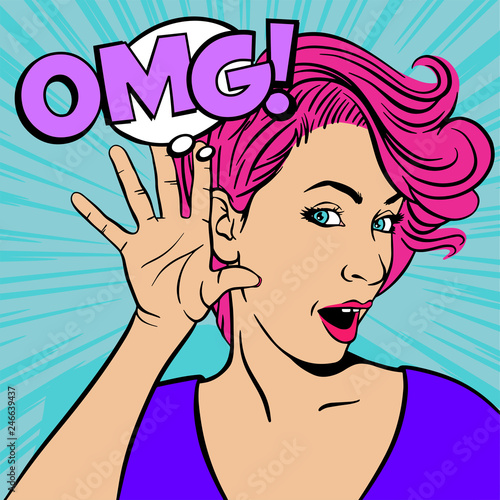 Woman with surprised face listening. Vector illustration in pop art retro comic style. 