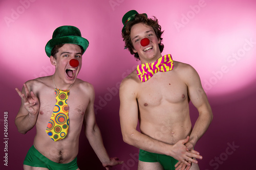 Clowns and holiday. Two sexy guys.
