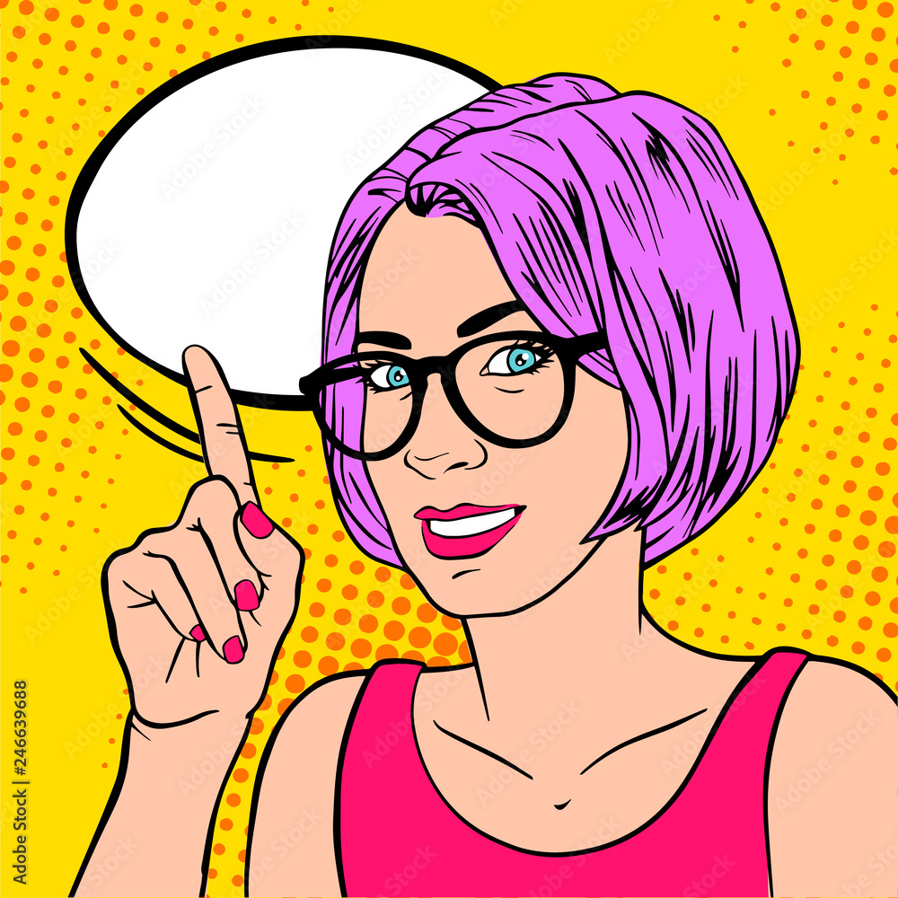 Beautiful girl with index finger. Retro pop art style. Cartoon vector ...