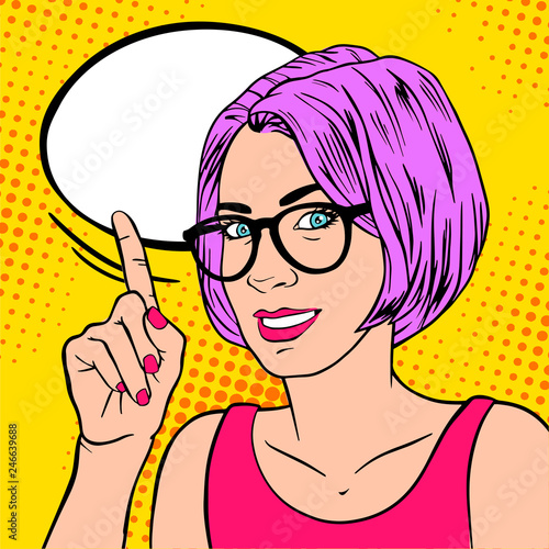 Beautiful girl with index finger. Retro pop art style. Cartoon vector illustration