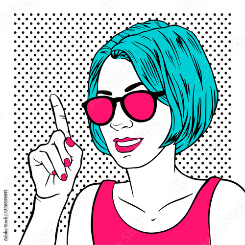 Beautiful girl with index finger. Retro pop art style. Cartoon vector illustration