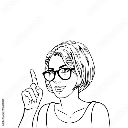Beautiful girl with index finger. Retro pop art style. Cartoon vector black and white  illustration
