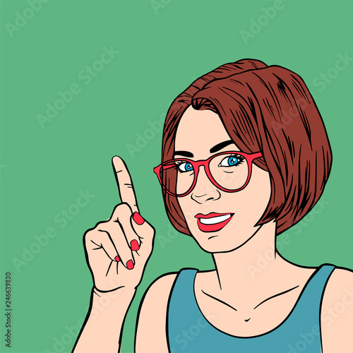 Beautiful girl business coach woman with index finger. Retro pop art style. Businesswoman gesture mentor teacher. Cartoon vector illustration