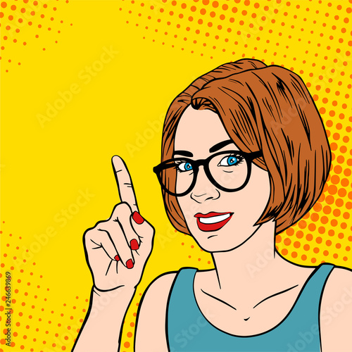 Beautiful girl business coach woman with index finger. Retro pop art style. Businesswoman gesture mentor teacher. Cartoon vector illustration