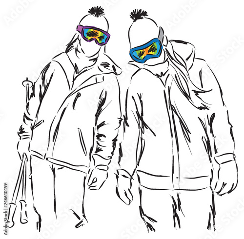 friends women ski equipment having fun illustration