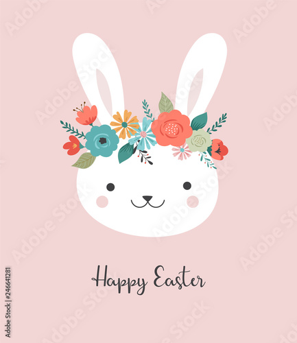 Happy Easter card - cute bunny with flower crown, vector illustration