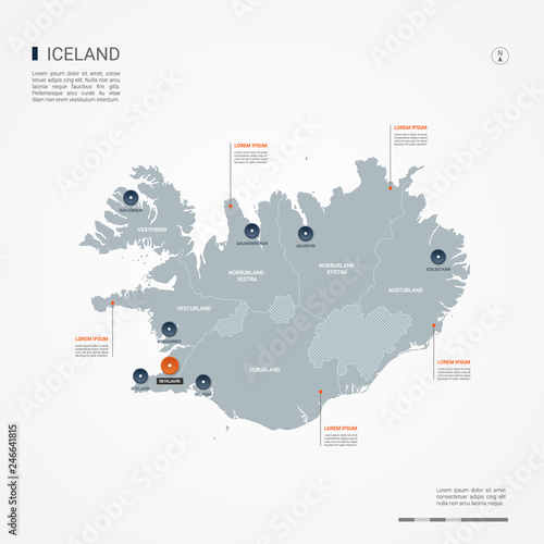 Iceland map with borders, cities, capital and administrative divisions. Infographic vector map. Editable layers clearly labeled.