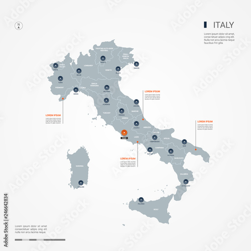 Italy map with borders, cities, capital and administrative divisions. Infographic vector map. Editable layers clearly labeled.