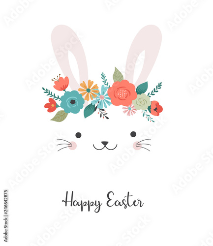 Happy Easter card - cute bunny with flower crown, vector illustration