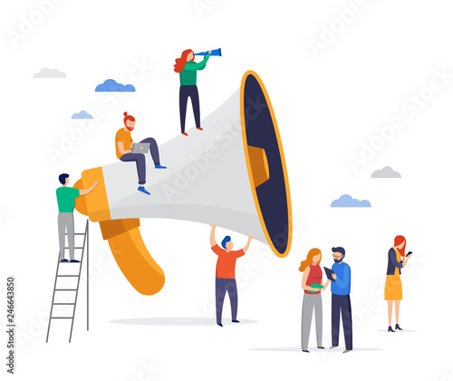 Big megaphone with a small people, teamwork. Business promotion, attention, advertising, online alerting. Vector flat style illustration.
