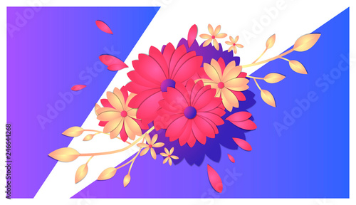 Vector image of horizontal banner  flowers with cut paper effect  several layers of objects  template for international women s day