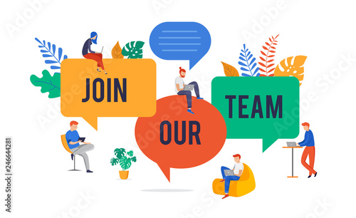 Join our team, we are hiring image, concept vector illustration of a group of young people with giant speech bubbles